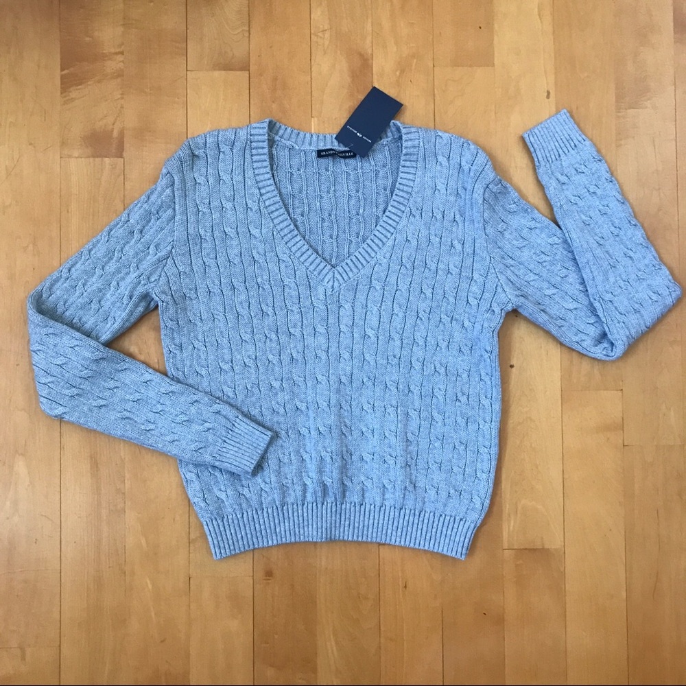 Brandy Melville Grey Cable Knit V-Neck Sweater NWT